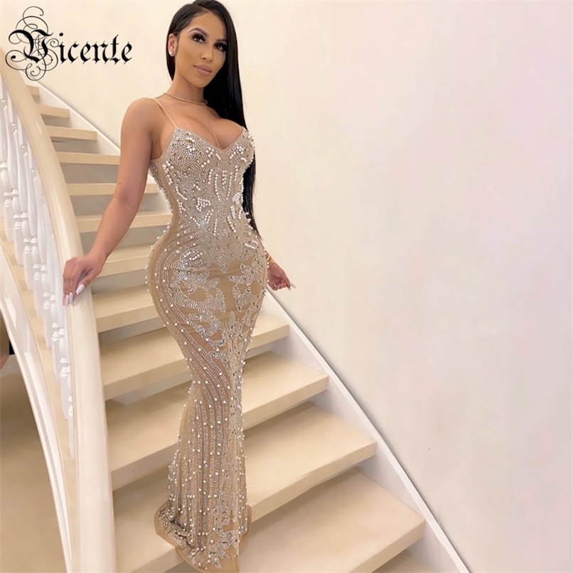 

Free Women Beads Dress Sexy Spaghetti Strap V Neck Mesh Celebrity Party Maxi Vesridos 210520, Beige