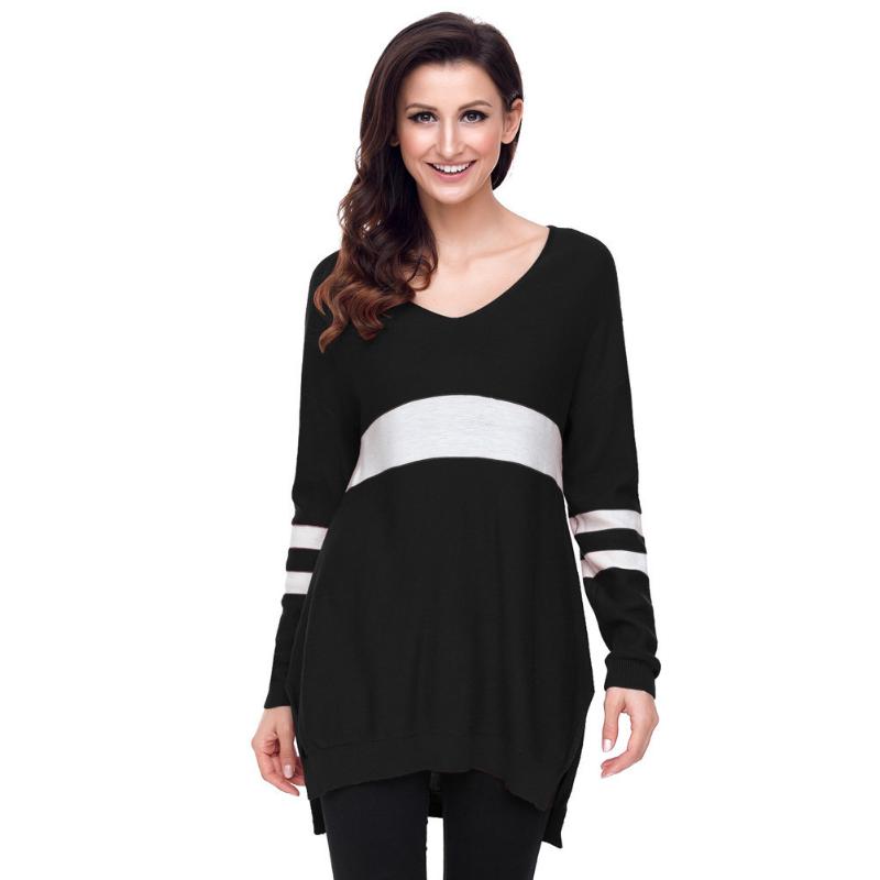 

Women' Sweaters Women Warm Casual Sweater V Neck Patchwork Loose Knit Pullovers Long Tops The Lepicena Of European And American Styl, Black