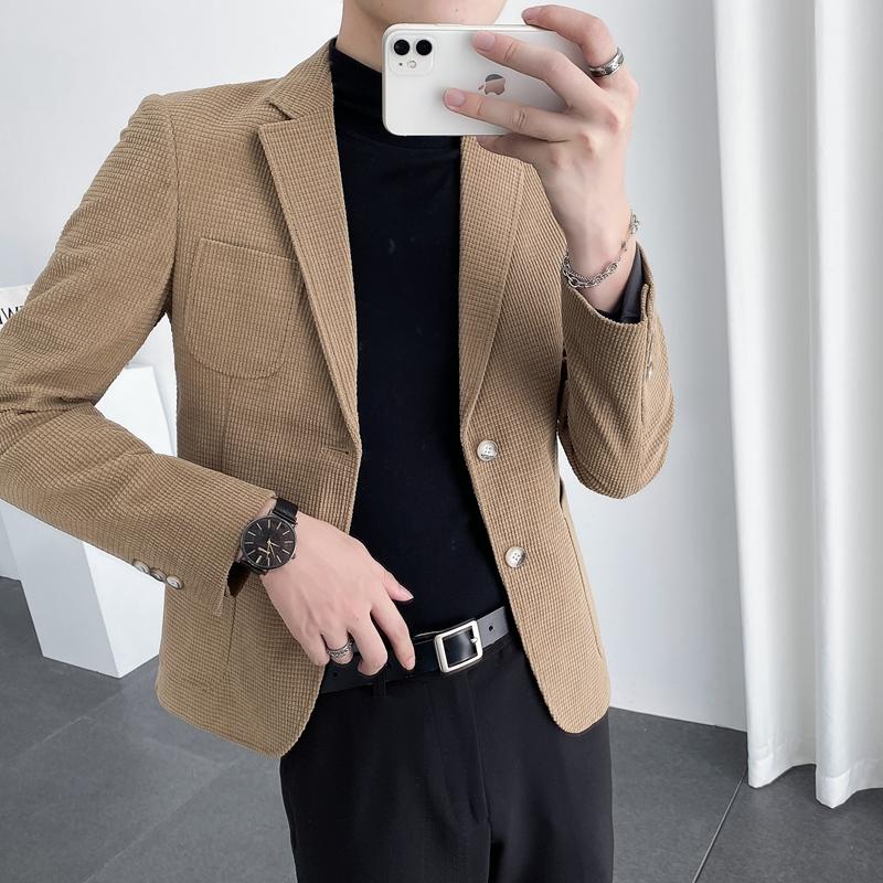 

Men's Suits & Blazers Autumn Winter Waffle 2021 Solid Color Slim Casual Suit Jackets Wedding Business Dress Coat Street Social Clothing, Black