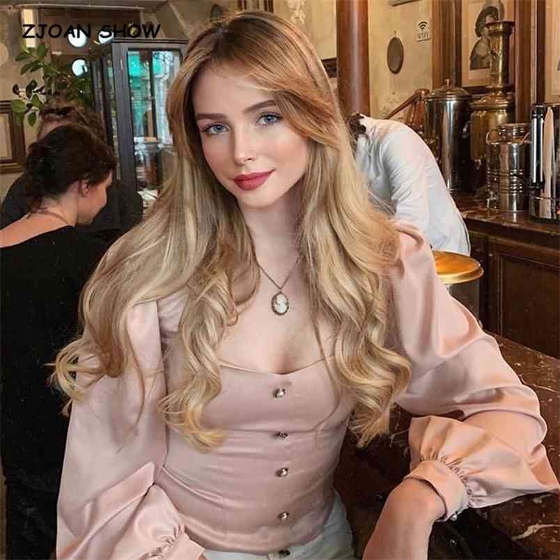 

Autumn Retro Pearl Button Square Collar Puff Long Sleeve Shirt Women Pink Ruched Slim Back Short Blouse French Tops 210429