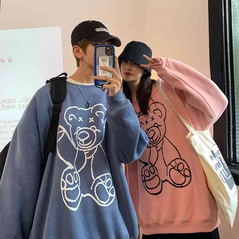 

Pullover round neck sweater boys fashion brand 2021 autumn new loose large cartoon printed couple jacket, White