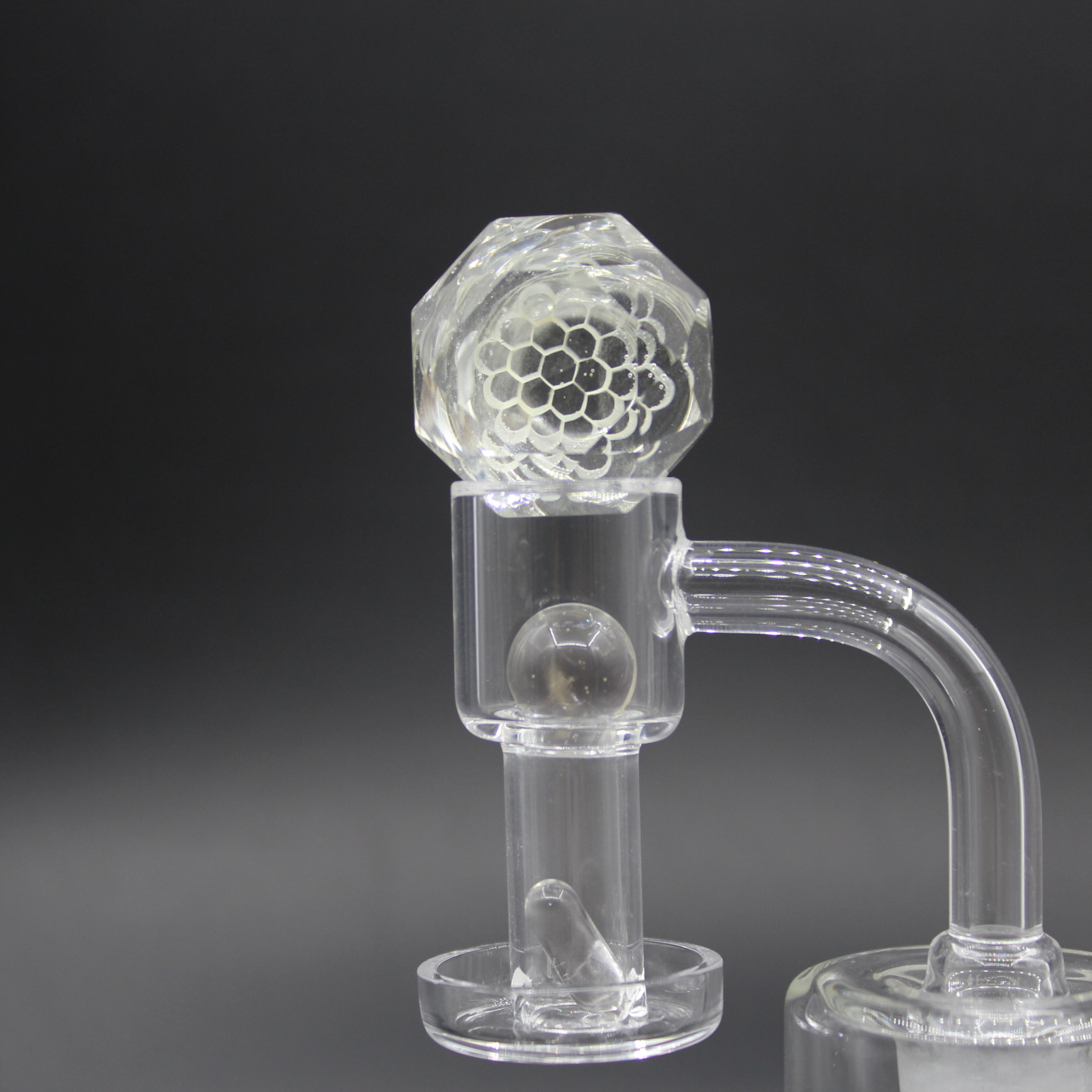 

Smoke glass diamond cap wiht a quartz banger and fume pearls terp slurper set