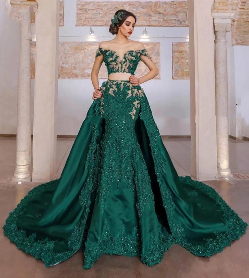 

Arabic Two Pieces Evening Dress With Detachable Train Sequins Lace Applique Green Mermaid Bridal Gowns Robe De Soirée Mariage Dresses