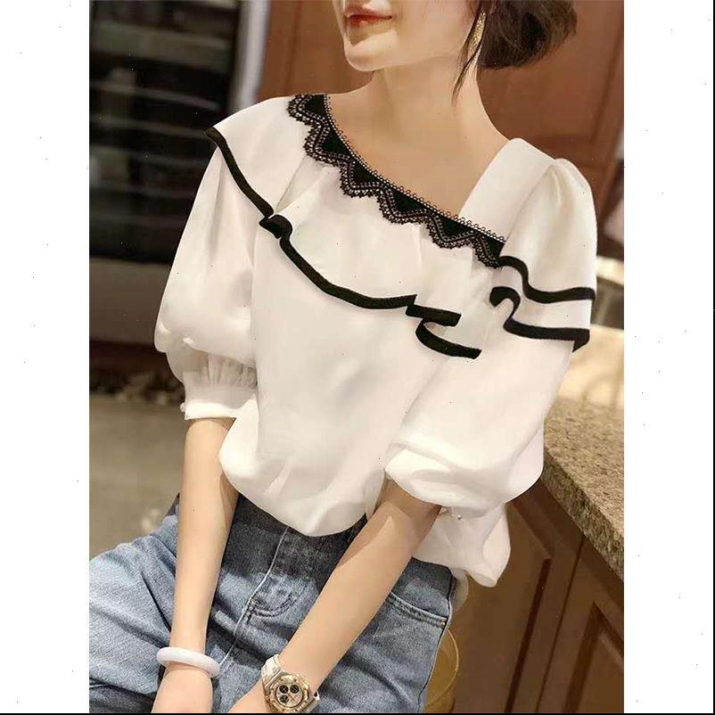 

spring summer style chiffon womens shirts half sleeve ruffles skew collar elegant casual dd9110, White