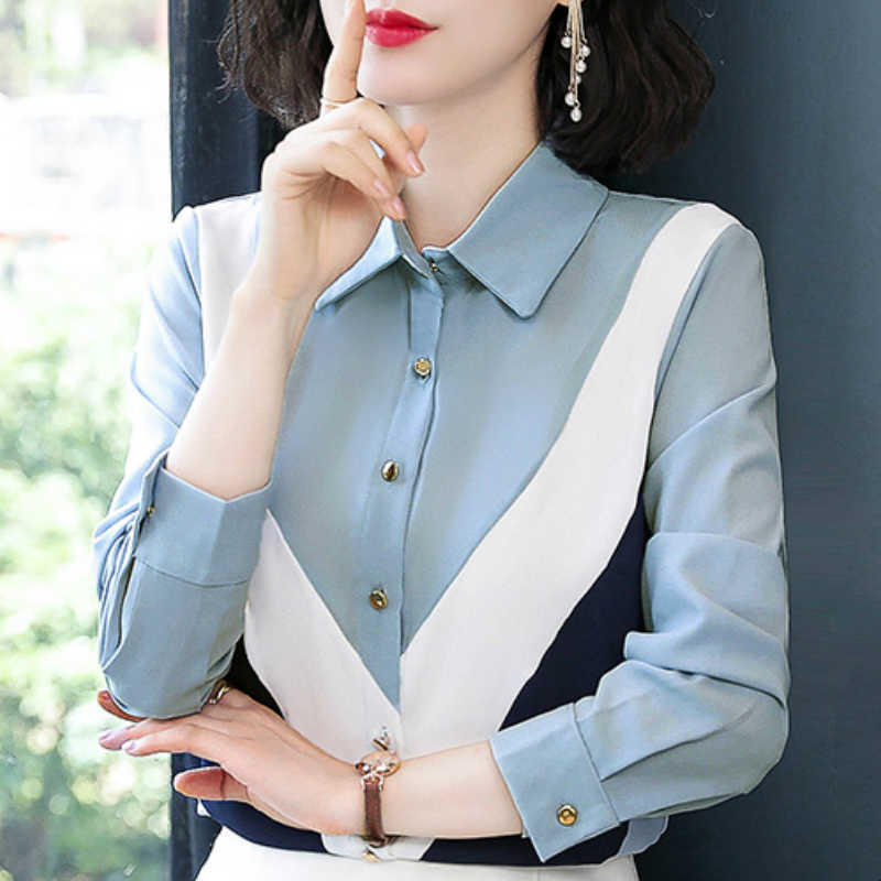 

Blusas Mujer De Moda Turn Down Collar Office Tops Long Sleeve Chiffon Blouse Shirt Women Tops Womens Tops And Blouses C152 210602, Blue