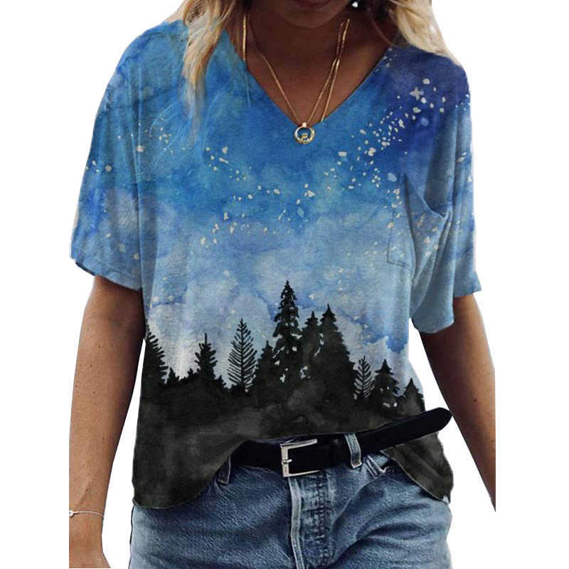 

Oversize Women T Shirt Summer Casual Landscape Print Streetwear V-Neck Short Sleeve Pockets Loose Tee Tops Plus Size Ladies Tees 210526