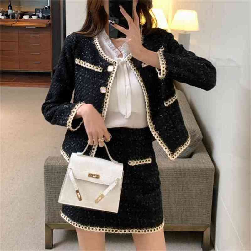 

Women Plaid Tweed Skirts Suit Autumn Long Sleeve Single-breasted Office Jacket & Skirt 2 Pieces Sets Suits 210603, Picture color