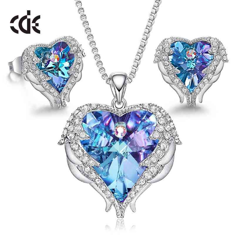 

CDE Necklace Earrings Set Embellished With Crystals Women Heart Pendant Stud Fashion Jewelry Gift, Blue