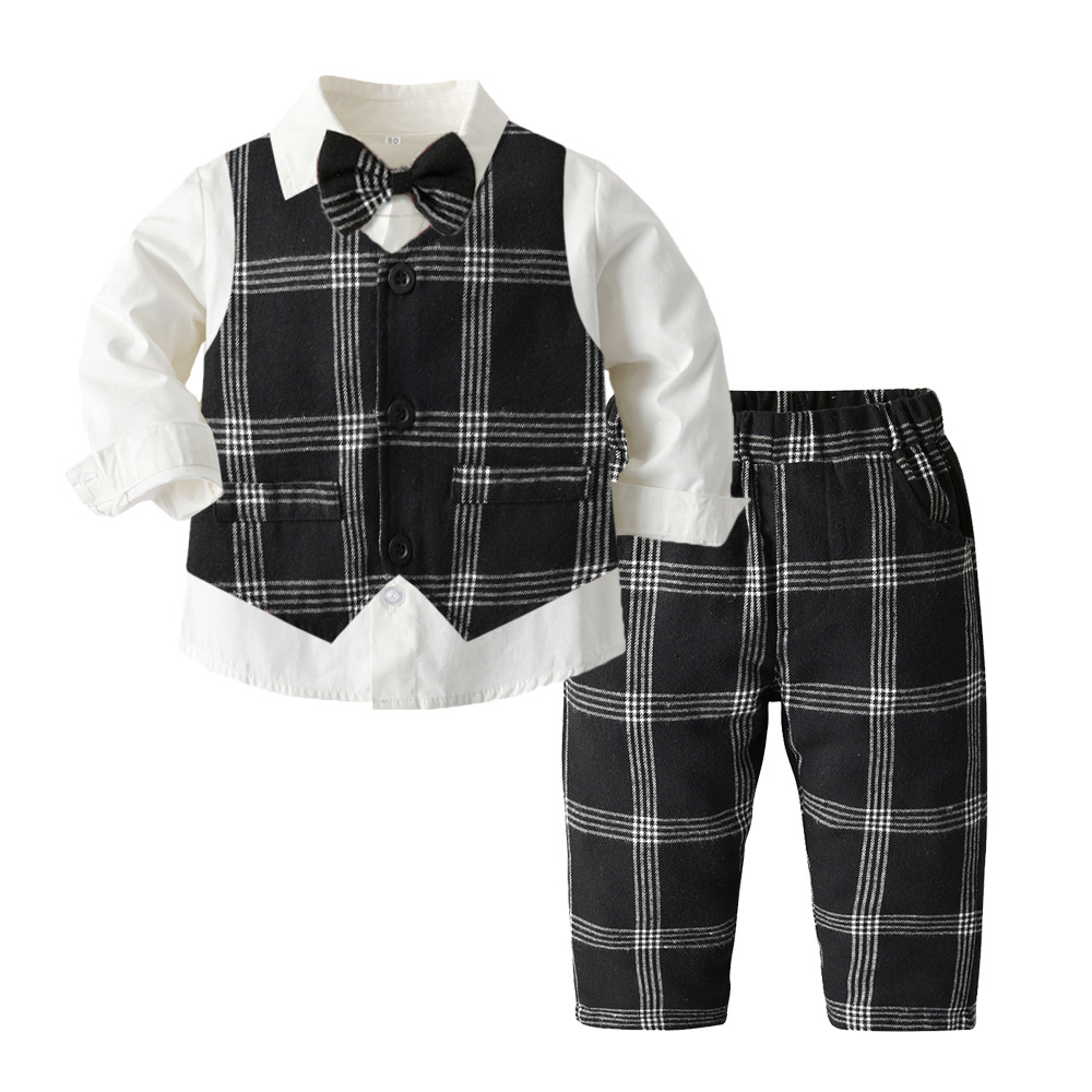 

Fall baby boys party clothing sets toddler kids lapel long sleeve shirt+black plaid waistcoat outwear+lattice pants 3pcs children performance clothes A7210, Customize