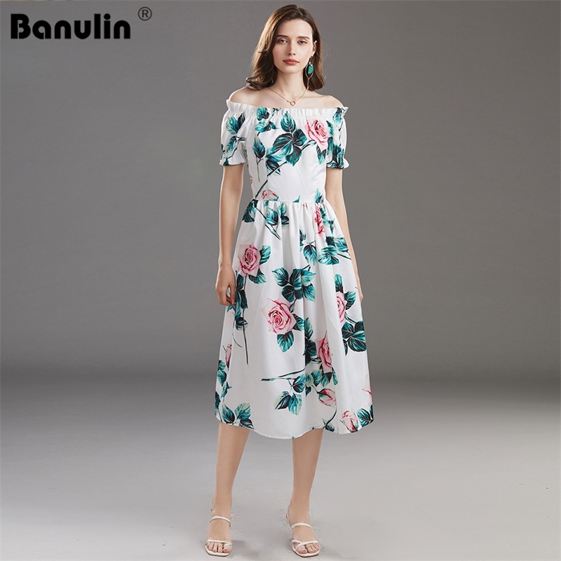 

Banulin Fashion Runway Casual Summer Dress Women's slash neck elastic Waist Vintage Rose Flowers Print Elegant 210603, Beige
