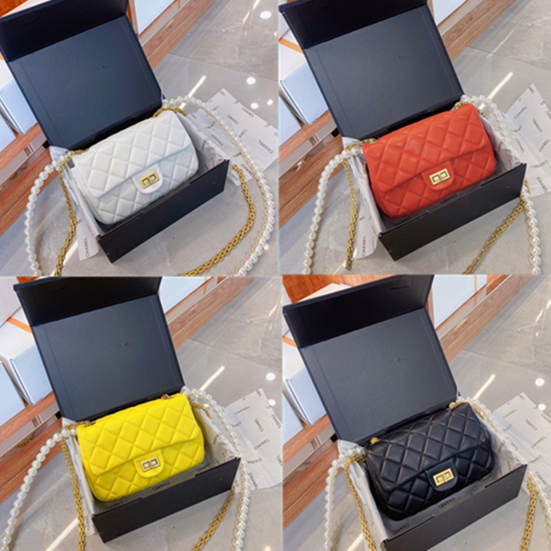 

fold gift box Lock Wallets Luxurys Designers gold pearl chain Crossbody Bags Soft Handbags real leather purse wallet Women Lady Fashion Mess, Red;black