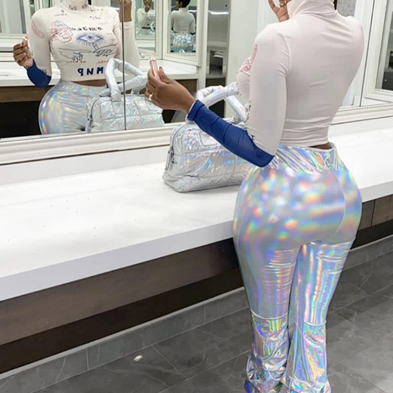 

women capris spring high waist pants fashion party clubwear flare femme streetwear holographic push up trousers, Black;white