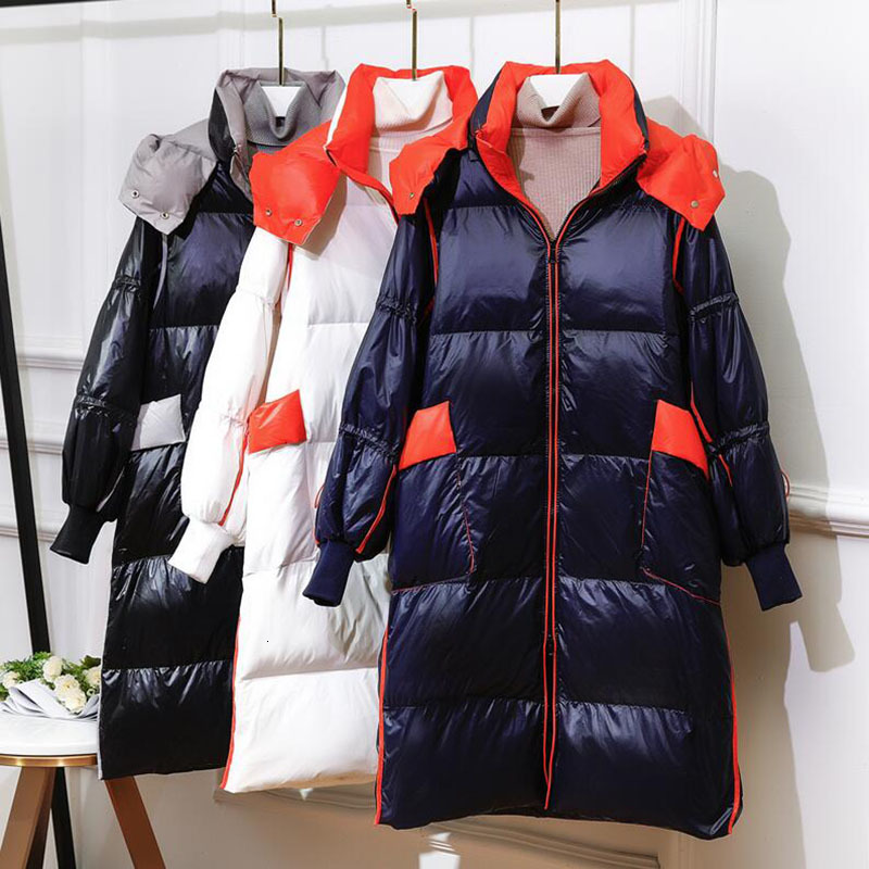 

down Winter Women Glossy Thicken White Duck Down Hooded Long Jacket Coat Womens Coats Loose Parkas, Black