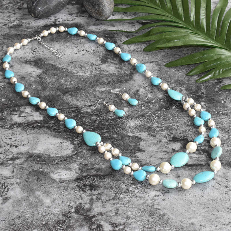 

women's Double layer round beads Tibetan silver turquoise earrings necklace set GSTQS043 fashion gift national style women DIY jewelry sets, As show