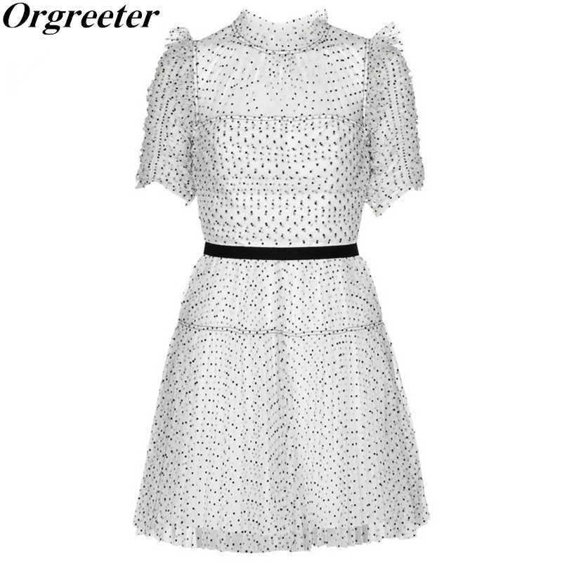 

Summer Polka Dot White Mesh Dress Women Sexy See-Through Short Sleeve High Waist A-line Beach Dresses Vestidos 210525