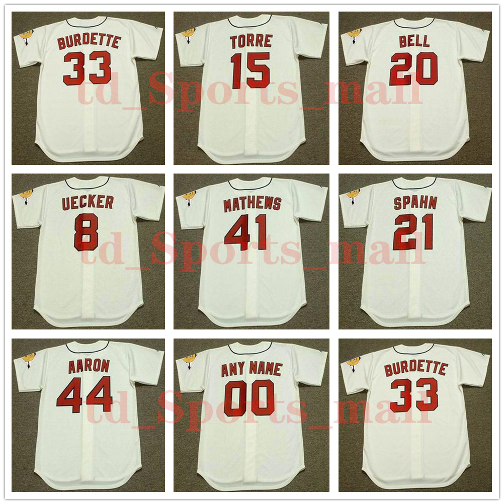 

Milwaukee Vintage Baseball Jersey 21 WARREN SPAHN 8 BOB UECKER 15 JOE TORRE 1960's 20 GUS BELL 33 LEW BURDETTE 41 EDDIE MATHEWS 44 HANK AARON, As shown in illustration