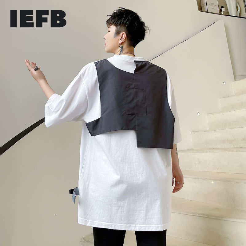 

IEFB Causal Design Short Sleeve T-shirt For Men Black White Contrast Color Patchwork Streetwear Tee Loose Tops 9Y7220 210524