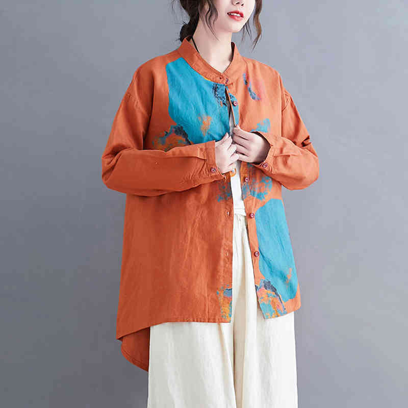 

Johnature Casual Print Women Shirts Spring O-neck Full Sleeve Loose Blouse All-match 3 Colors Irregularity Tops 210521, White