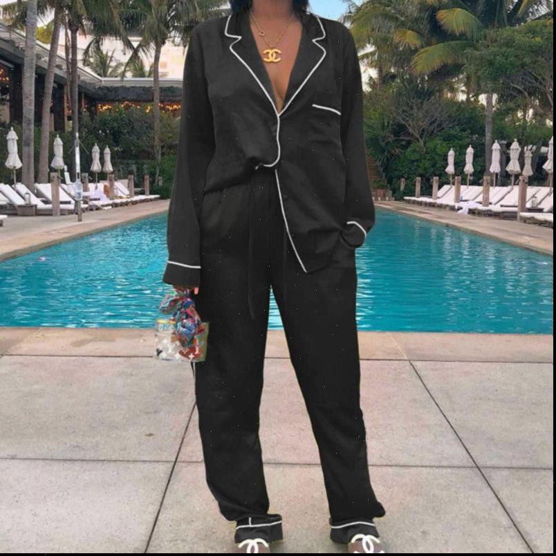 

casual suits homewear spring women sleepwear two piece sets elegant turn down collar button and lace up pocket long, Black;red