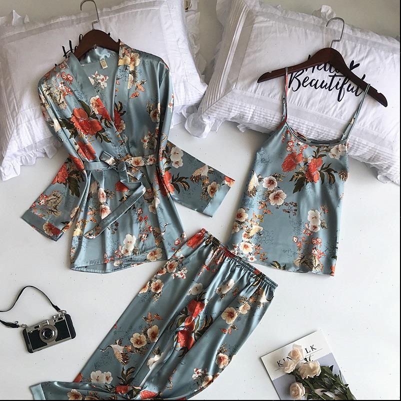 

3 pieces satin long sleeve women sleepwear silk pajamas spring summer pajama sets pijama pyjamas nightwear suit, Black;red