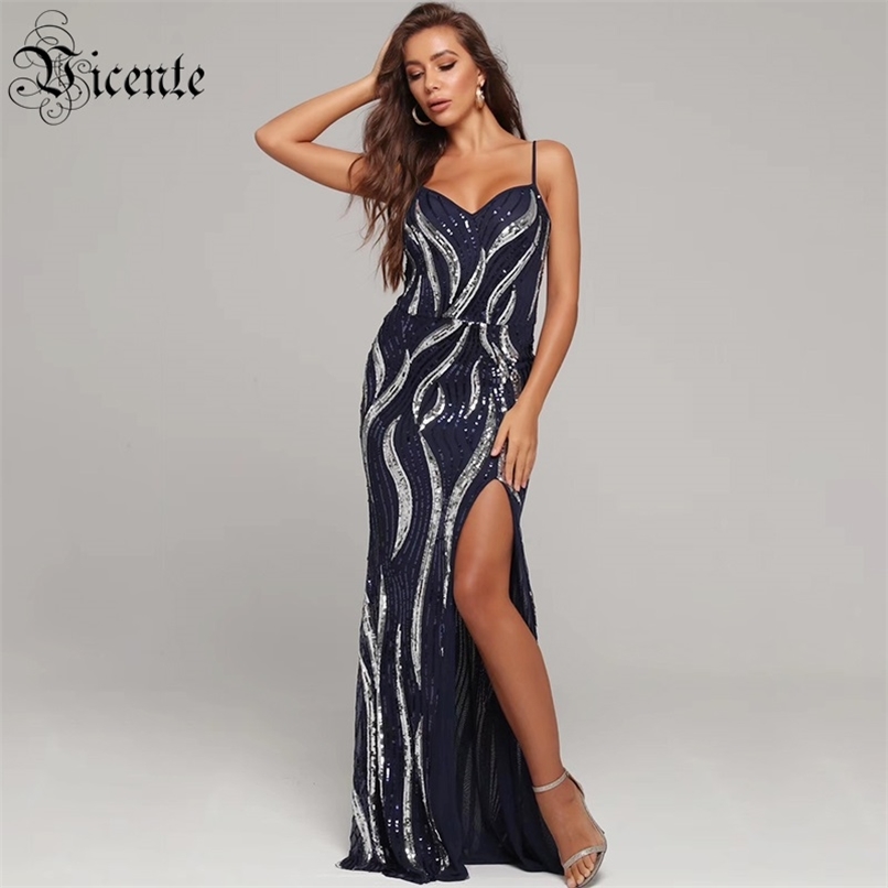 

Free Women Blue Dress Sexy Spaghetti Strap V Neck Evening Party Celebrity Maxi Sequinse 210520, Navy blue