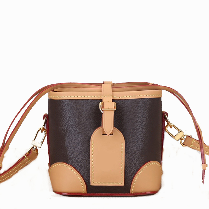 

5A Top Quality Small Bucket Bag women Fashion Casual Canvas Mini Purse Draw String Soft Cross Body Shoulderbags Baggage Tag With Box B060(57099) BAG0001, Brown 57099