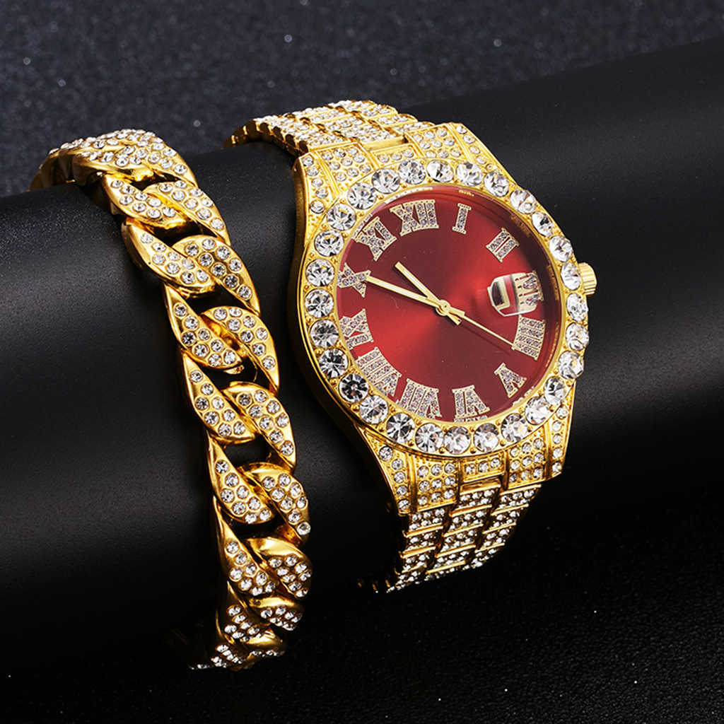 

2 Pcs Watch+bracelet Hip Hop Stainless Steel Gold Color Calendar Watch For Men Iced Out Paved Rhinestones Men Watch Reloj Hombre H1012, 1pc watch gold bu