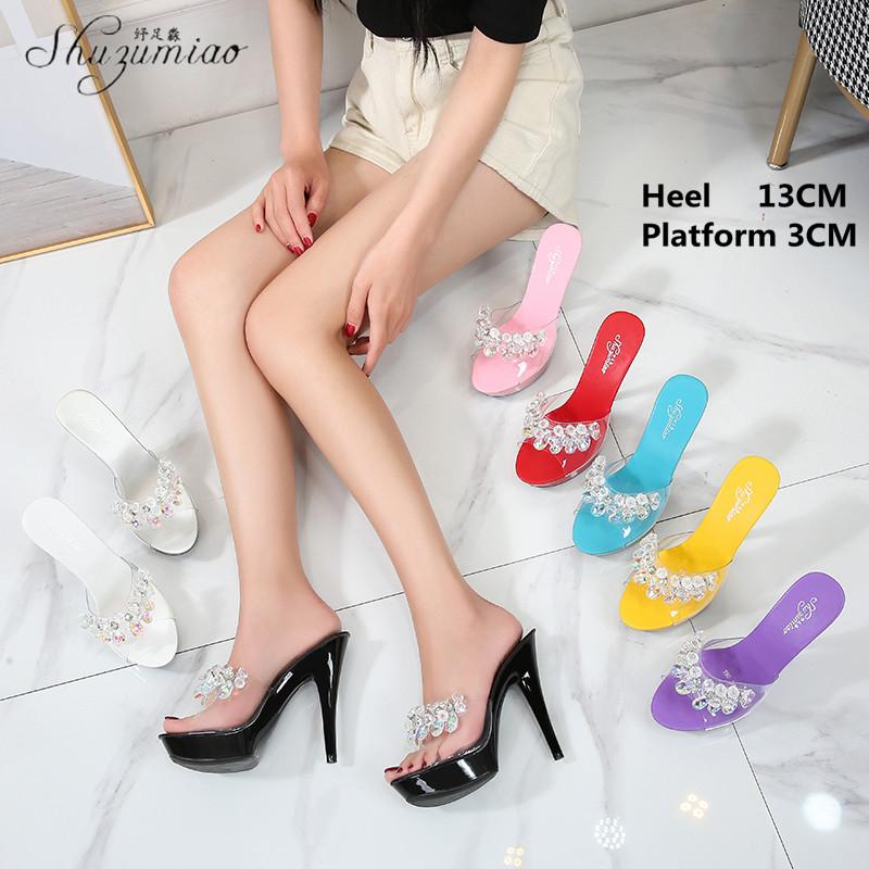 

Slippers Summer Large Size Rhinestone Women's Shoes Sexy Nightclub Transparent Thin Heel Walking Show 13cm Super High, Black