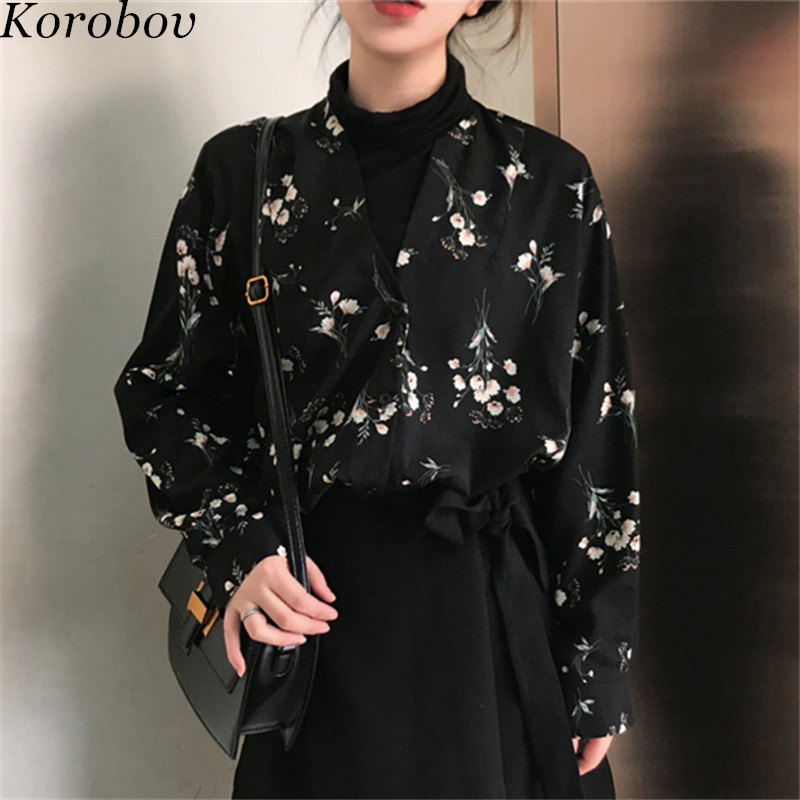 

Korobov Auttum 2021 New Flower Print Korean Blusas Vintage Elegant Female Blouse V-Neck Long Sleeve Casual Mujer Shirts 76356, Black shirt