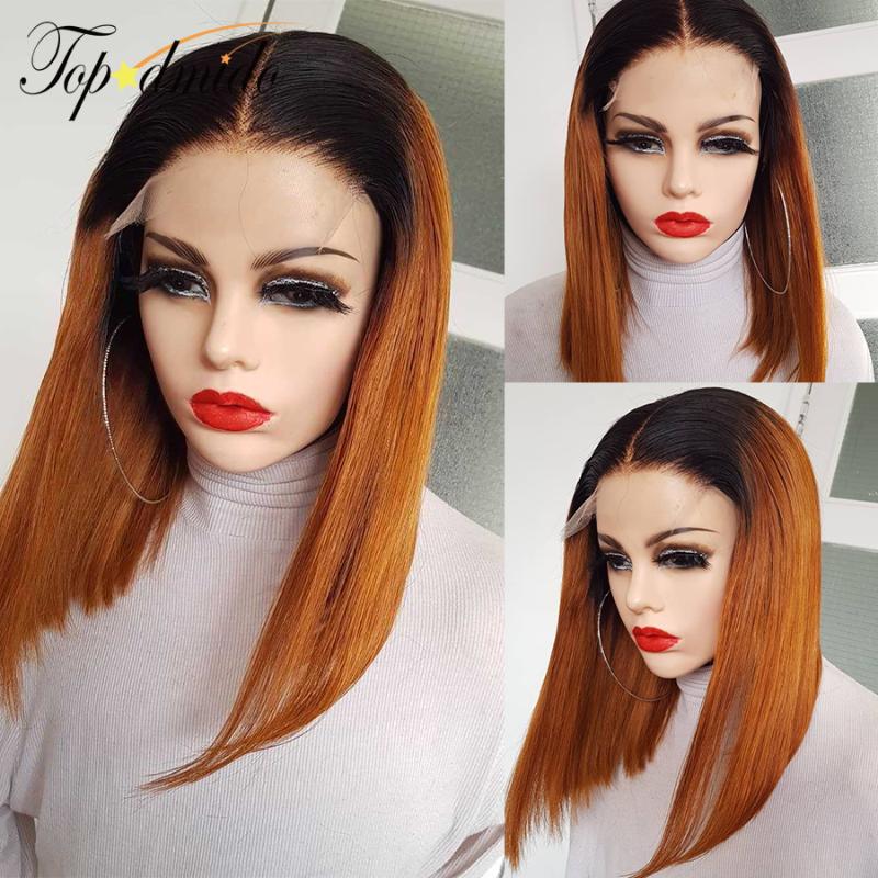 

Lace Wigs Topodmido Ombre Color 13x6 Front Short Bob Pre Plucked Brazilian Wavy Human Hair Glueless 180% Density, Black;brown