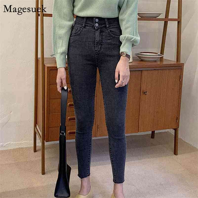 

Autumn Zipper with Button Women's Jeans Casual Korean Style Slim High Waist Stretch Black Trousers Women Femme 10400 210518