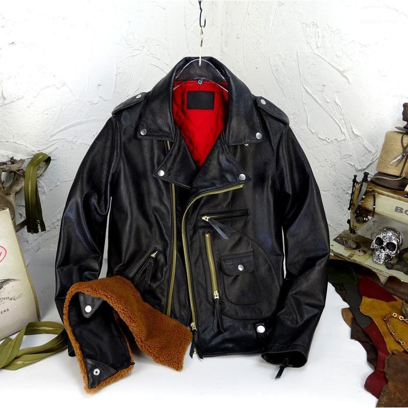 

Men' Leather & Faux Detachable Fur Collar! J-24 Imported From Italy Batik Cotton-Padded Vintage Khaki Diagonal Genuine Clothes Men, Black