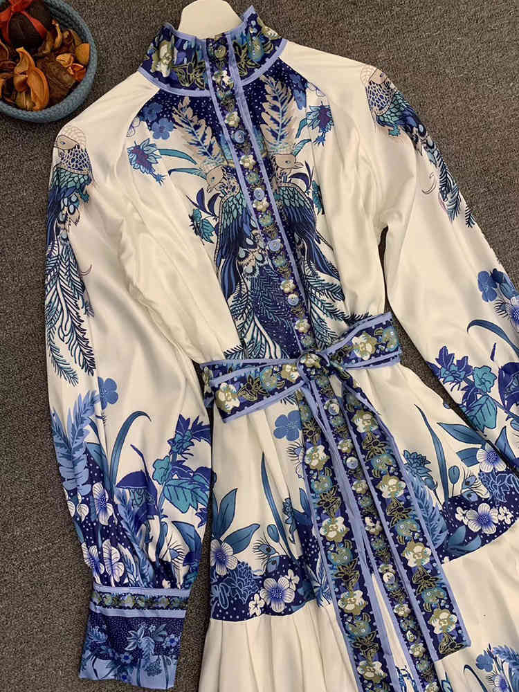 

A Line High Neck Autumn Winter Runway Long Women's Fashion Standing Collar Lantern Sleeve Flower Print Vintage Dresses Vestdios, Black;gray