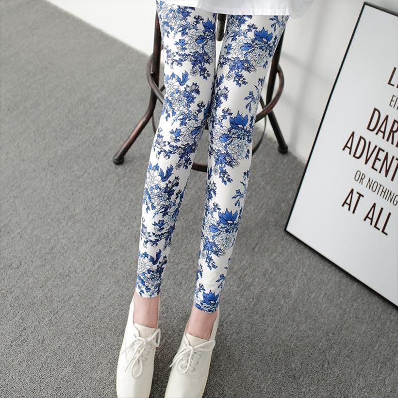 

blue and white porcelain womens legging printing pant high waist elasticity flowers printed, Black