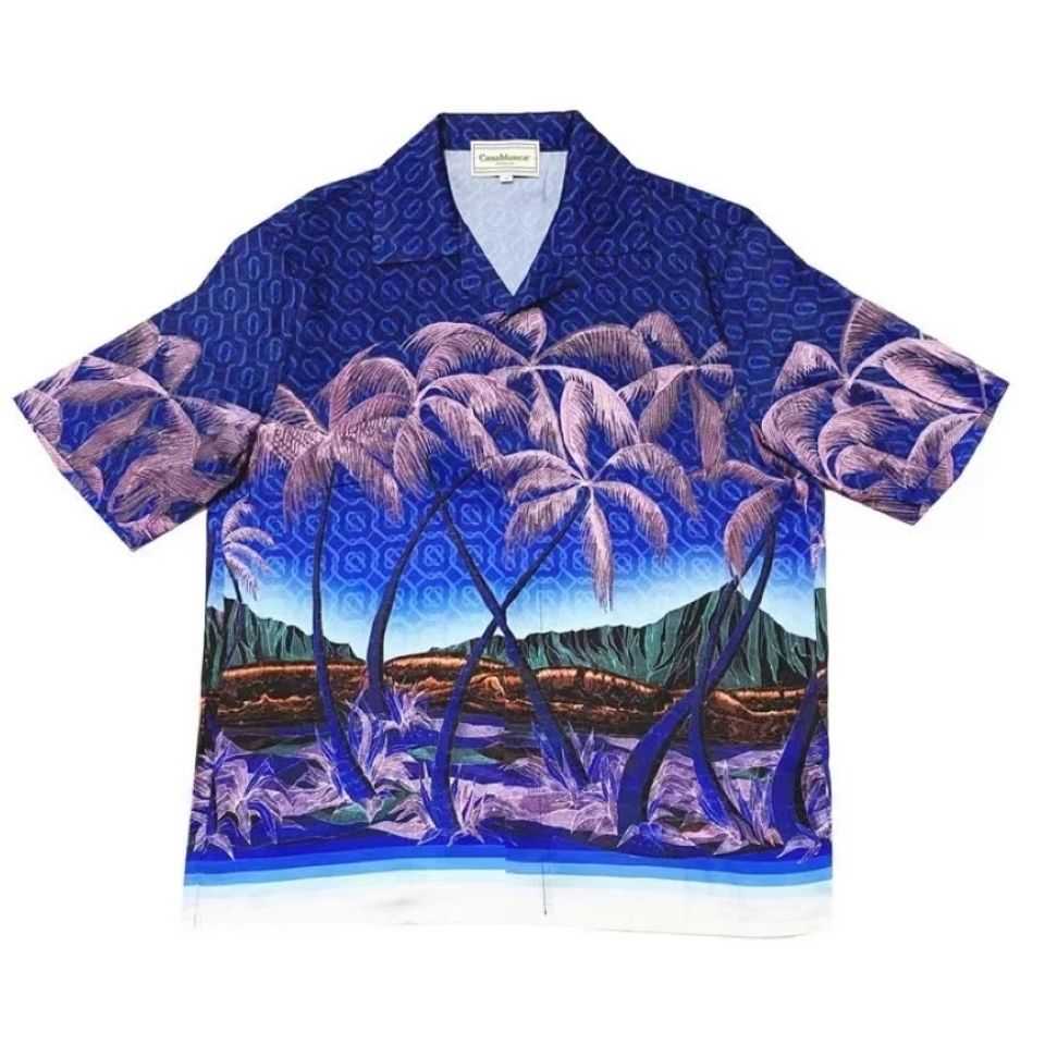 

Maui Island Sunset Casablanca palm coconut short sleeve shirt men' and women' same style European and American loose Korean version, Blue
