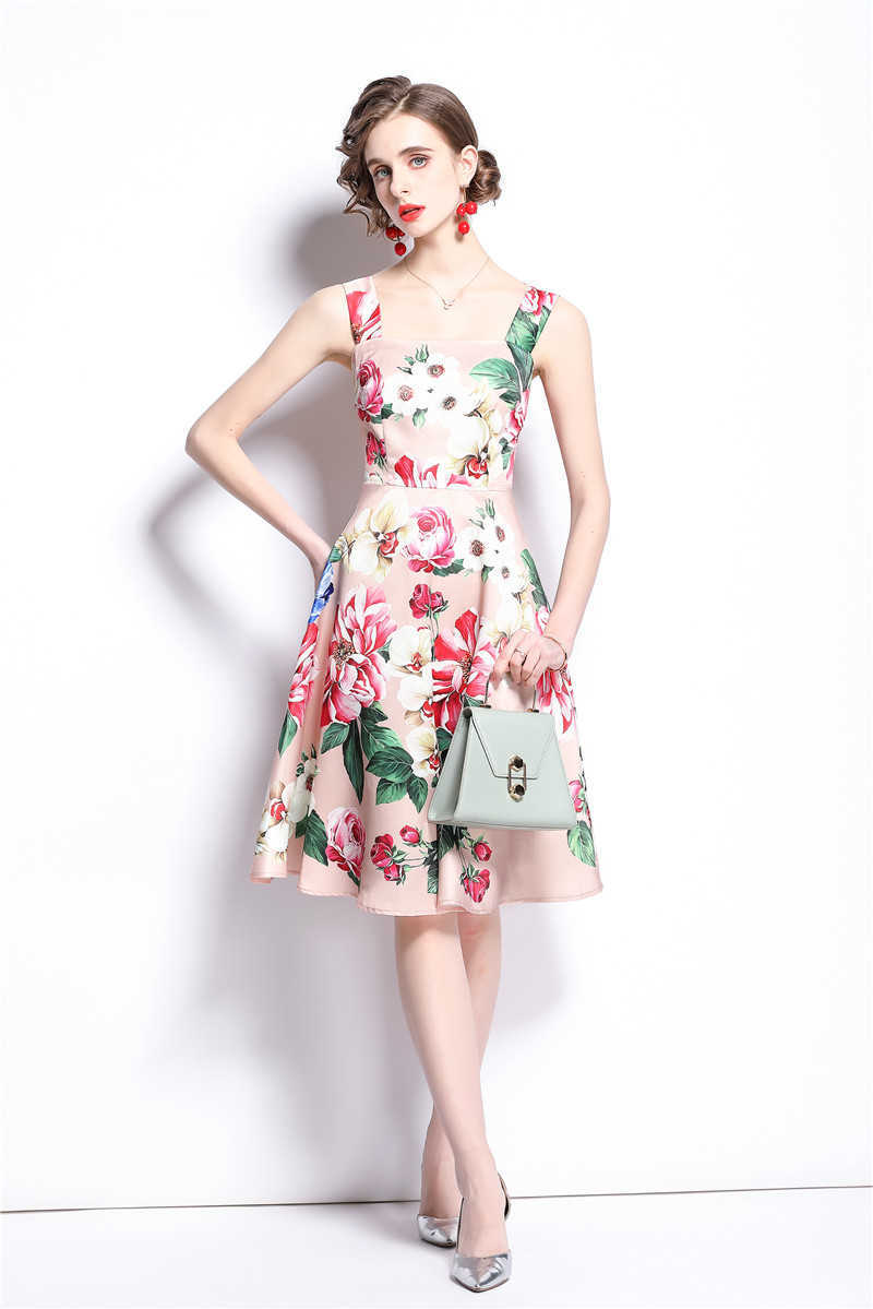 

Women Summer Designer Elegant Floral Spaghetti Strap Sexy Slim Office Lady Party Robe Female Vintage Pink Print Dress Vestidos 210525