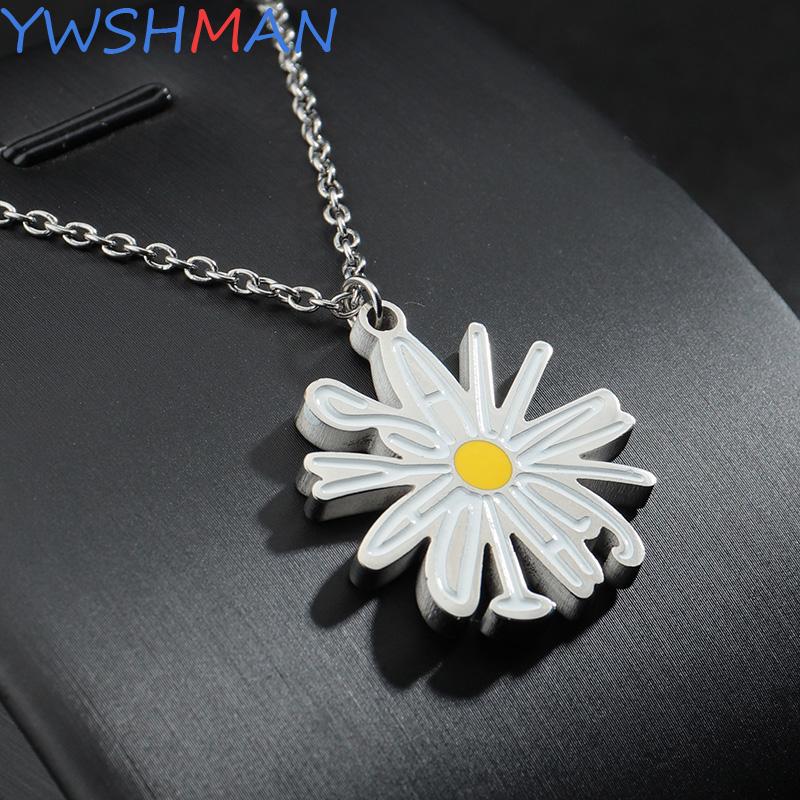 

pendant necklaces women stainless steel daisy necklace clavicle chain cute white flower fashion dainty girls party wedding jewelry gifts, Silver