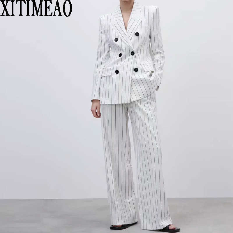 

Za Women Fashion White Double Breasted Blazers Coat Vintage Stripe Long Sleeves Outerwear And High waist casual pants Set 210602, White trousers