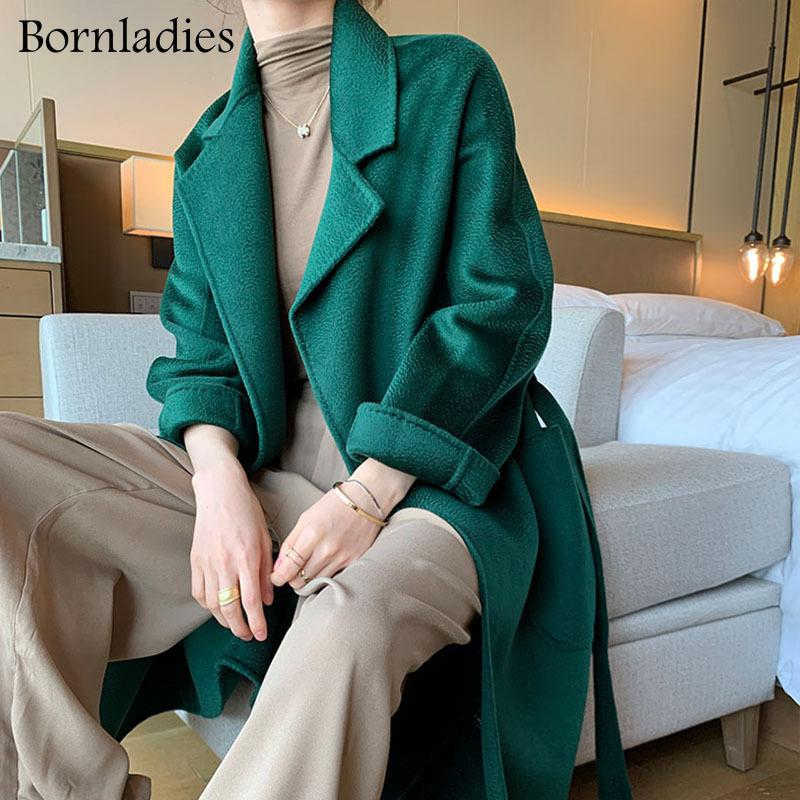 

Women's Wool & Blends Bornladies 2022 Winter Thick Double-sided Woolen Coat Mid-length Lace Solid Color Full Green Women, Black