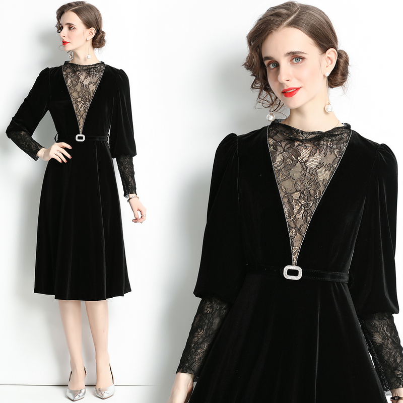 

Dropshipping Wholesale New Arrival Fall Hepburn wind Velvet Patchwork Dress Long Puff Sleeve Women Ladies Party Elegant Noble Temperament Casual Sashes Midi Dress, Hlw8872