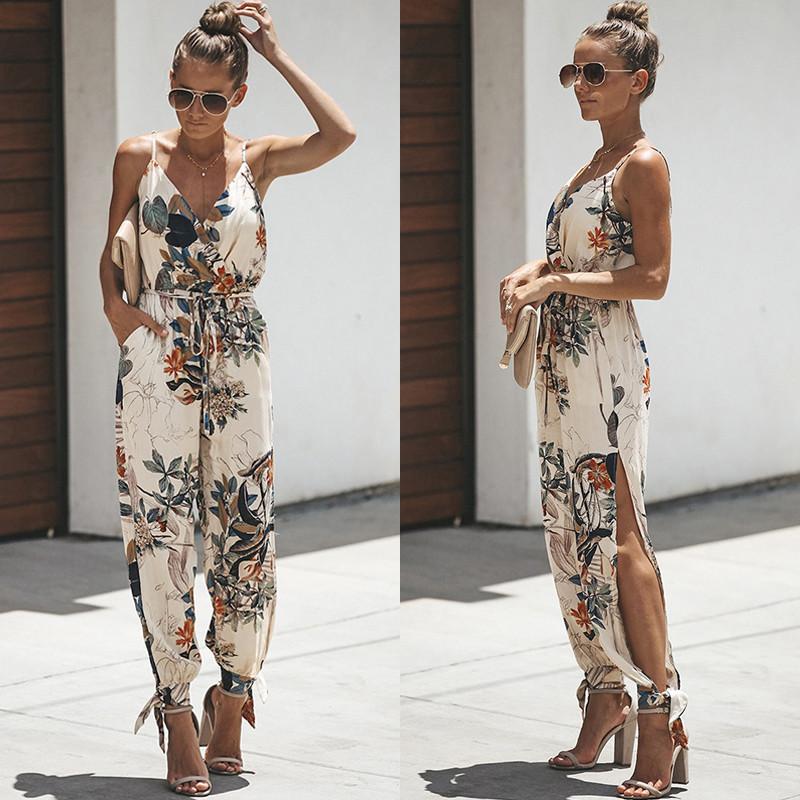 

Women' Jumpsuits & Rompers Fashion Women Summer Boho Floral Sleeveless Tank Jumpsuit Romper Bodysuit Pencil Pants Trousers, White floral