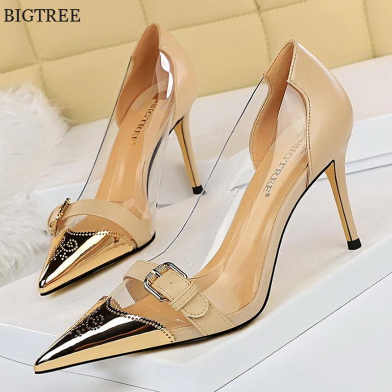 

Dress Shoes Fashion Metal Pointy Toe Belt Buckle Woman Pumps Sexy Transparent PVC Patchwork Leather Women Thin High Heels Ladies Party, Apricot