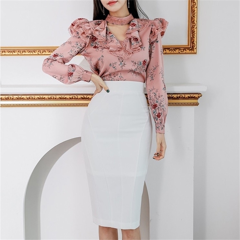 

HIGH QUALITY Women Summer 2 Pieces Suits Printing shirt Top + Bodycon Mermaid Skirts Evening Party Set 210603, Picture color