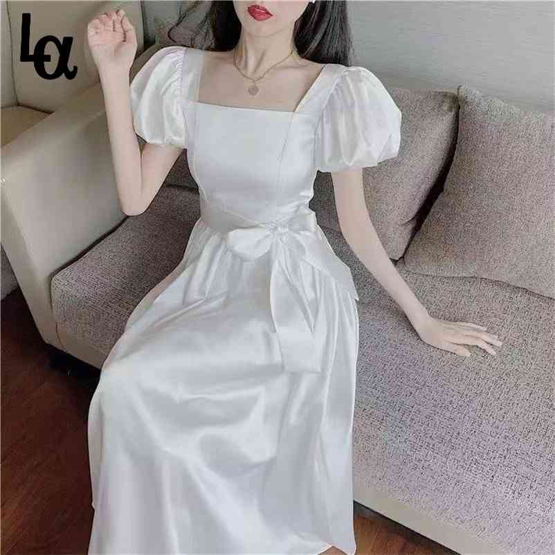 

Women Summer White Elegant Puff Sleeve Holiday Dress Ladys Square Collar Sashe Female Vintage A-line Vestidos 210519