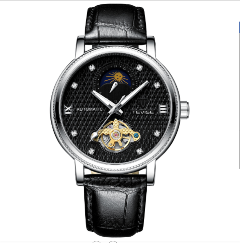 

Wristwatches Tevice T612 Tourbillon Moon Phase Function Automatic Mens Watches Luminous Hands Diamond Markers