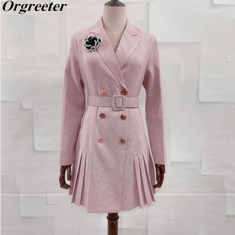 

Spring Fall Pink OL Suit Dress Women Elegant Notched collar 3D Flower Appliques Double-breasted With Belt Mini Pleated 210525
