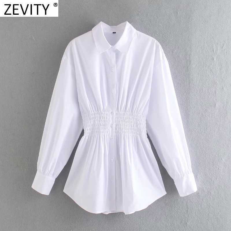 

Zevity Women Fashion Turn Down Collar Waist Elastic Pleating White Smock Blouse Office Ladies Slim Shirt Chic Blusas Tops LS9023 210603, As pic ls9023cc