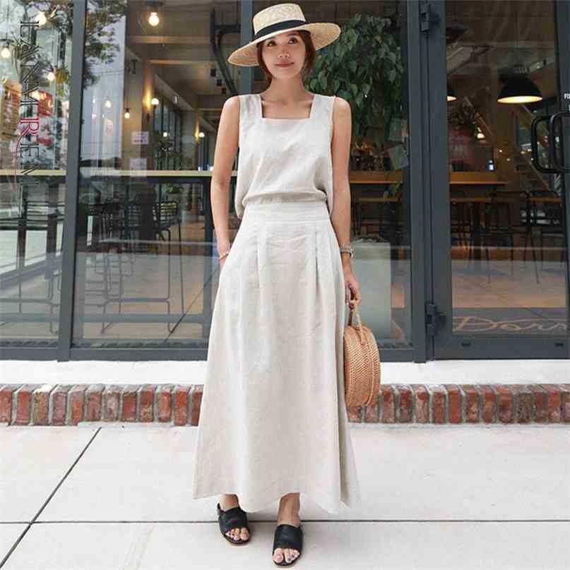 

Summer Suspender Dress Sleeveless Cotton Square Collar Long Dresses Temperament Loose Fit Fashion 2H203 210526, Gray