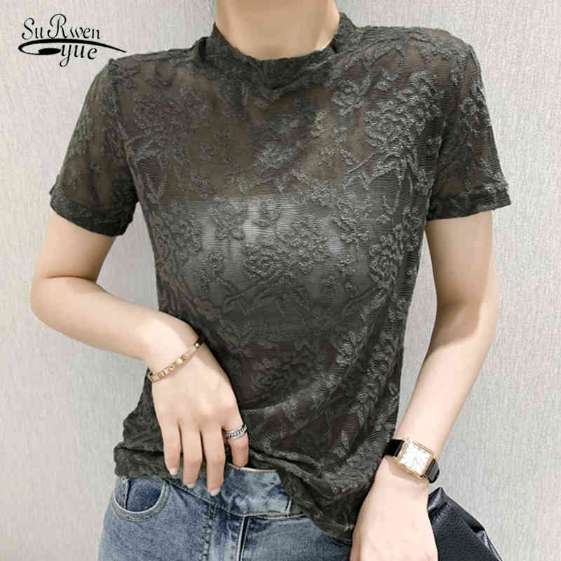 

Korean Fashion Clothing Slim Short Sleeve Lace Blouse Hollow Out Shirt Female Vintage Summer Tops Streetwear Blusas 9890 210521, Black