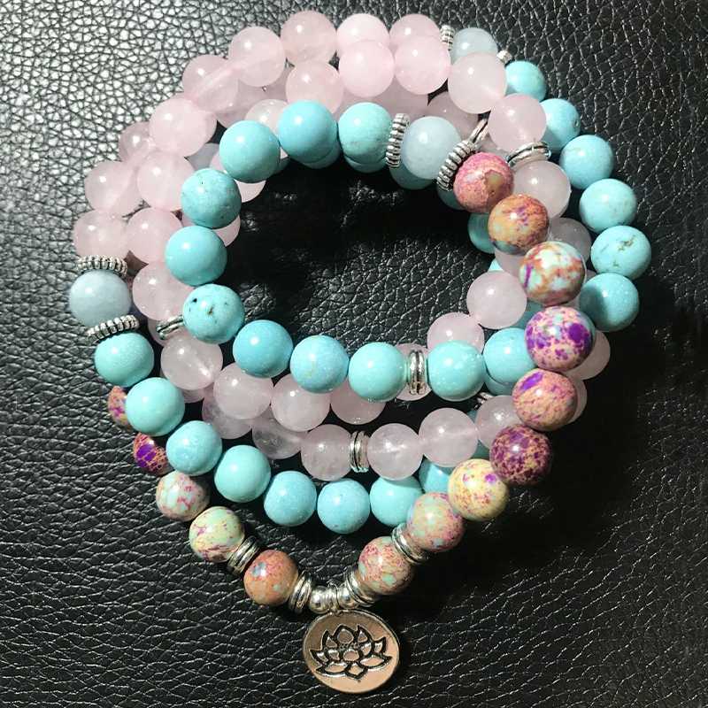 

Beaded, Strands 8mm Emperor Jasper Blue Turquoise Rose Quartz Beaded Elastic Bracelet 108Mala Meditation Yoga Healing Jewelry Lotus Buddha C